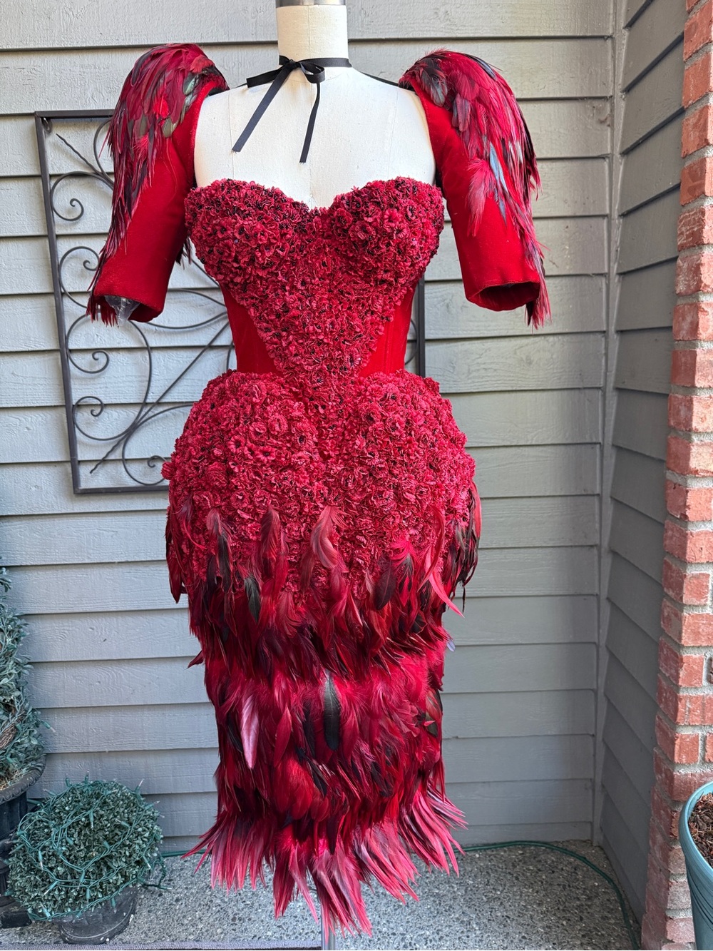 Strapless Red Feather & Rosette Cocktail Dress